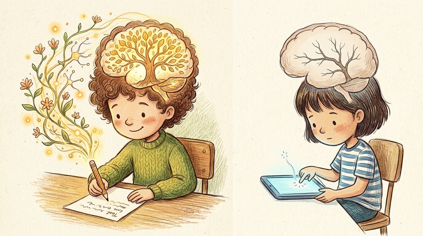 腦科學實證對比圖：左側實體手寫激發全腦神經光網與記憶之樹，右側螢幕打字僅引發微弱孤立訊號