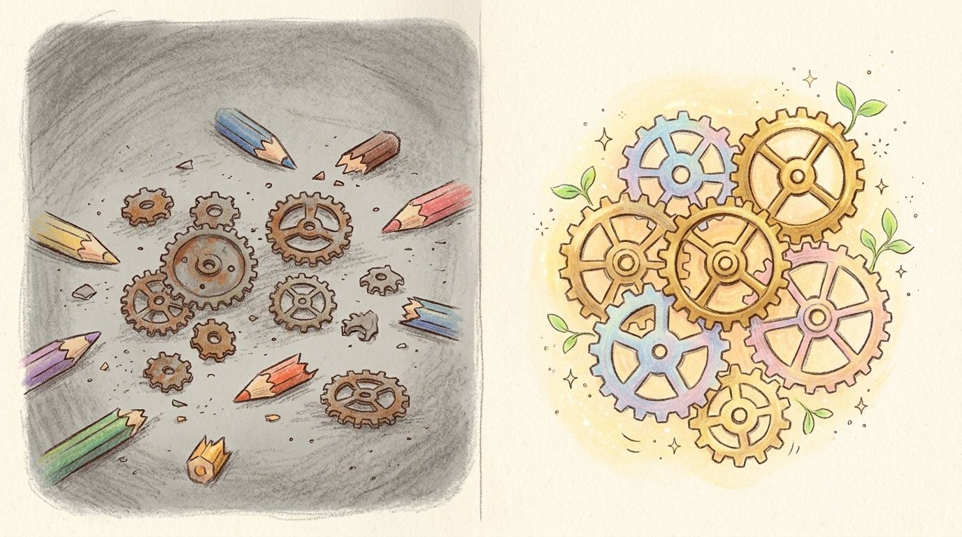 認知科學視覺對比：左側散落生鏽齒輪象徵孤立死記，右側金色齒輪精密咬合象徵以詞學字