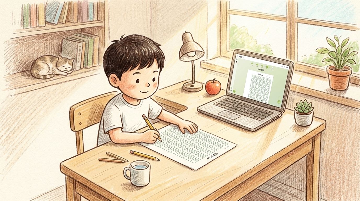 晨光中男孩端坐專注在考生字實體紙本試卷上工整書寫，身旁筆電顯示雲端智慧出題介面