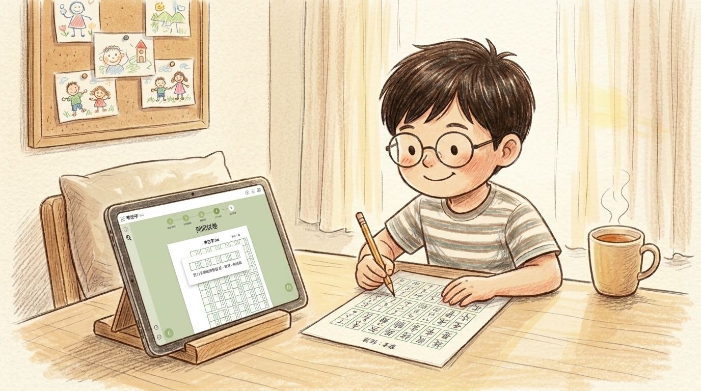 小男孩帶著踏實自信微笑在紙本試卷上工整書寫，身旁平板呈現智慧出題介面